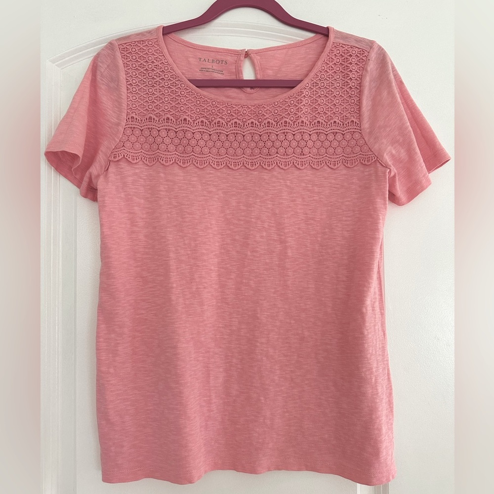 Talbots Short Sleeve 100% Cotton Tee Lace Detail Pink Size S Pullover